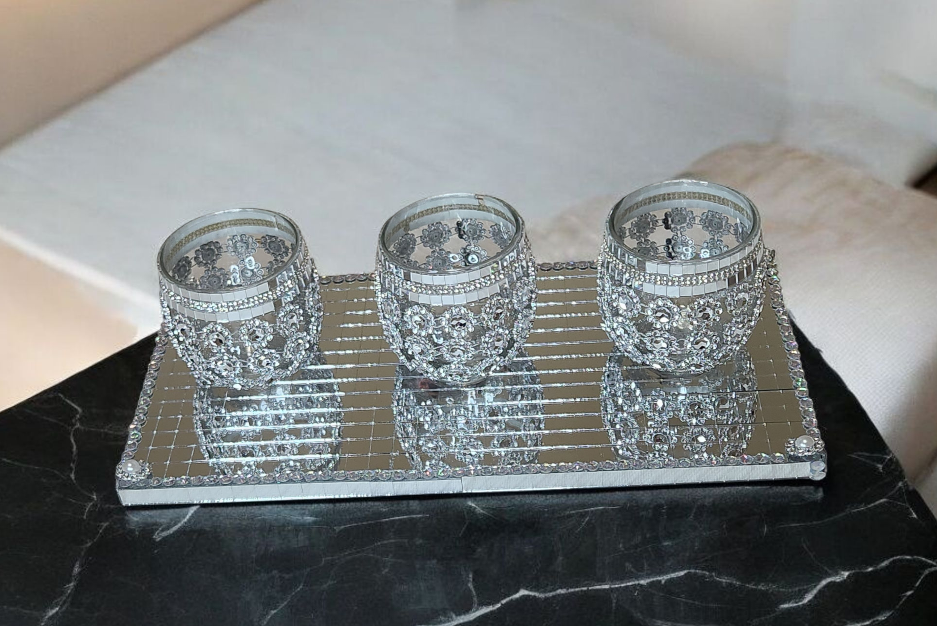 3 pc Candle Holder with mirror tile base