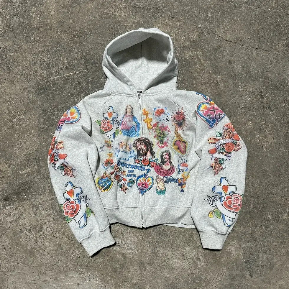 Thumbnail: Trendy Y2K Mens Street Black Zip Up Hoodie Unisex With Religious Pattern Multi
