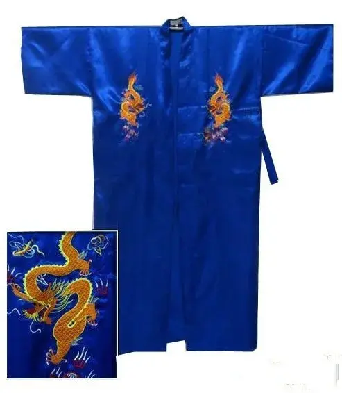 Thumbnail: Navy Blue Chinese Men's Satin Silk Robe Embroidery Kimono Bath Gown Dragon Size