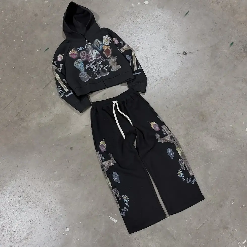 Thumbnail: Trendy Y2K Mens Street Black Zip Up Hoodie Unisex With Religious Pattern Multi
