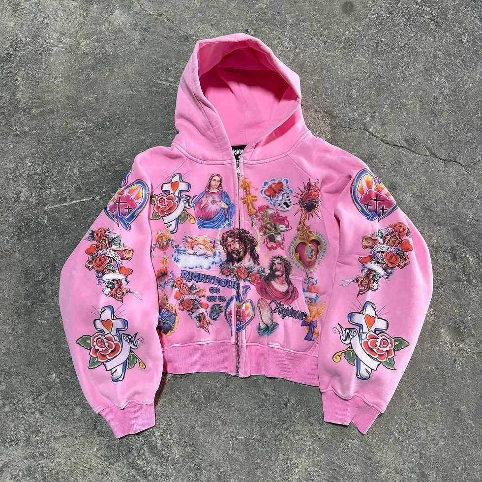 Thumbnail: Trendy Y2K Mens Street Black Zip Up Hoodie Unisex With Religious Pattern Multi