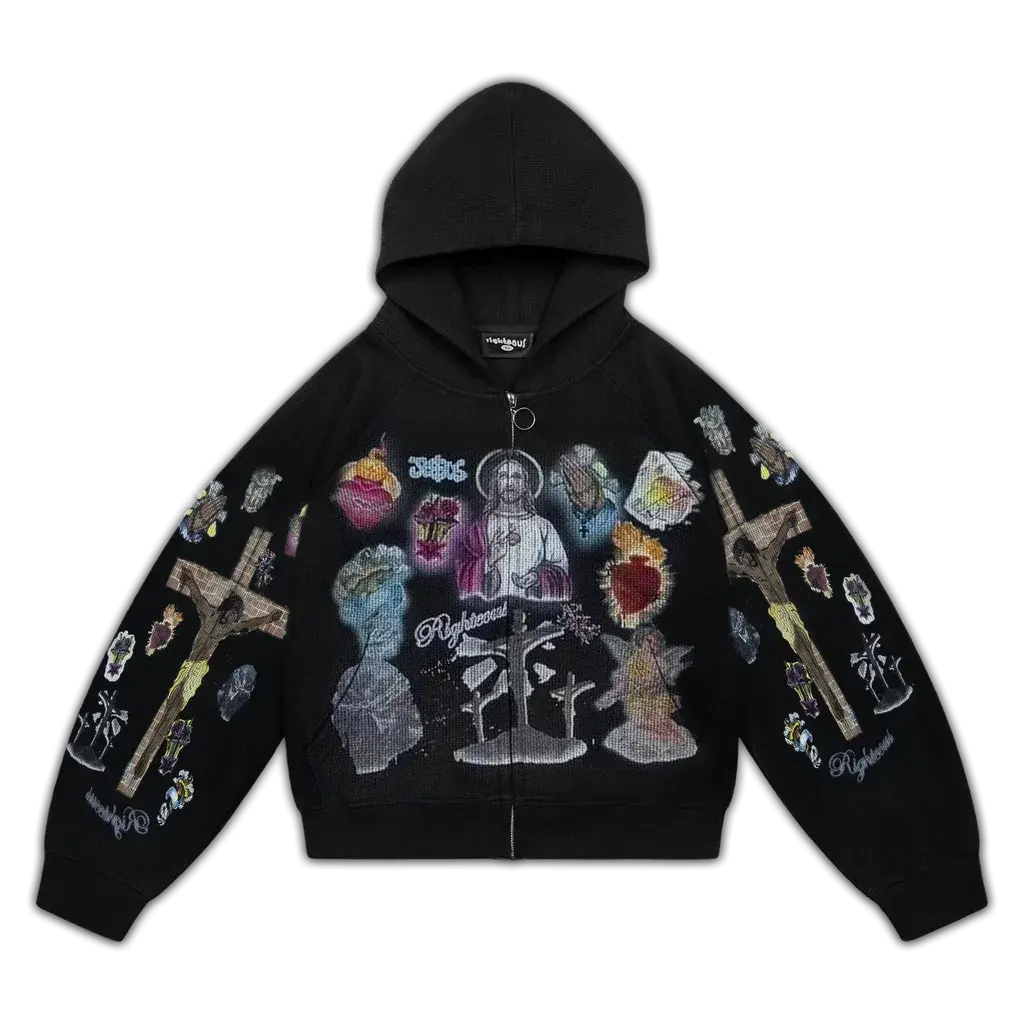 Trendy Y2K Mens Street Black Zip Up Hoodie Unisex With Religious Pattern Multi