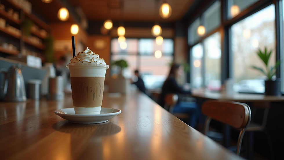 Wide angle view of a bustling coffee shop interior