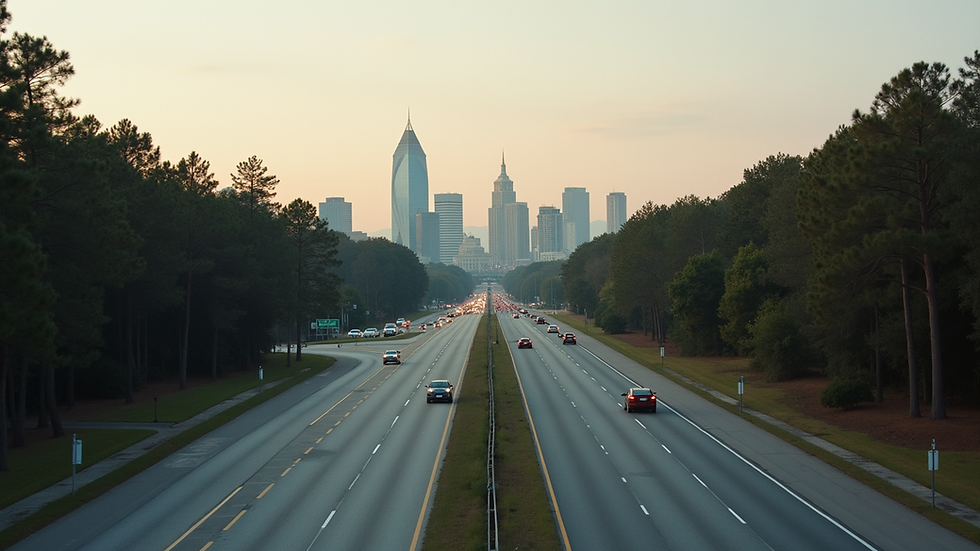 Eye-level view of highway leading into Macon cityscape