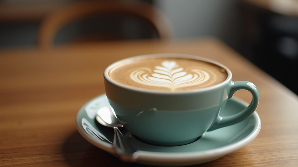 Close-up view of a cup of coffee with latte art on a wooden table