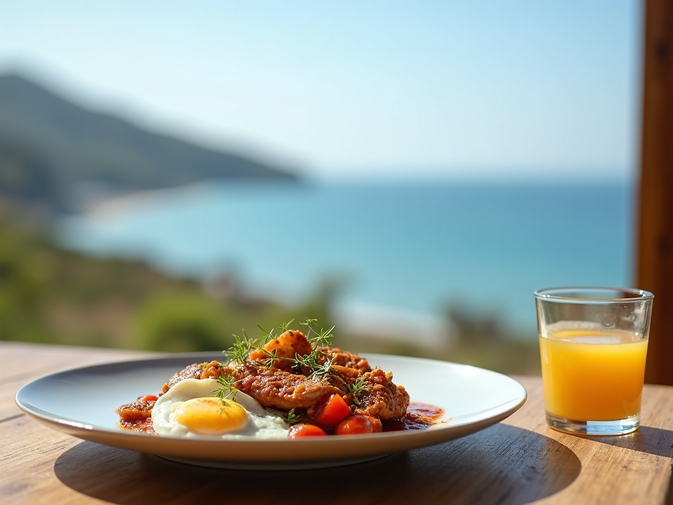 Plate of eggs, saucy meat and tomatoes with orange juice on a wooden table, overlooking a sunny blurred coastline.