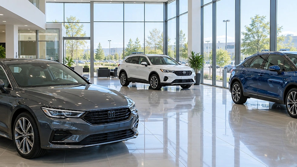 Clean car dealership showroom with polished floors and large windows