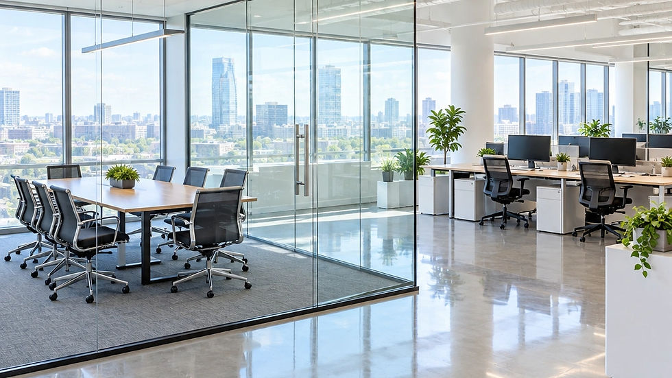 Bright modern office with a clean glass conference room