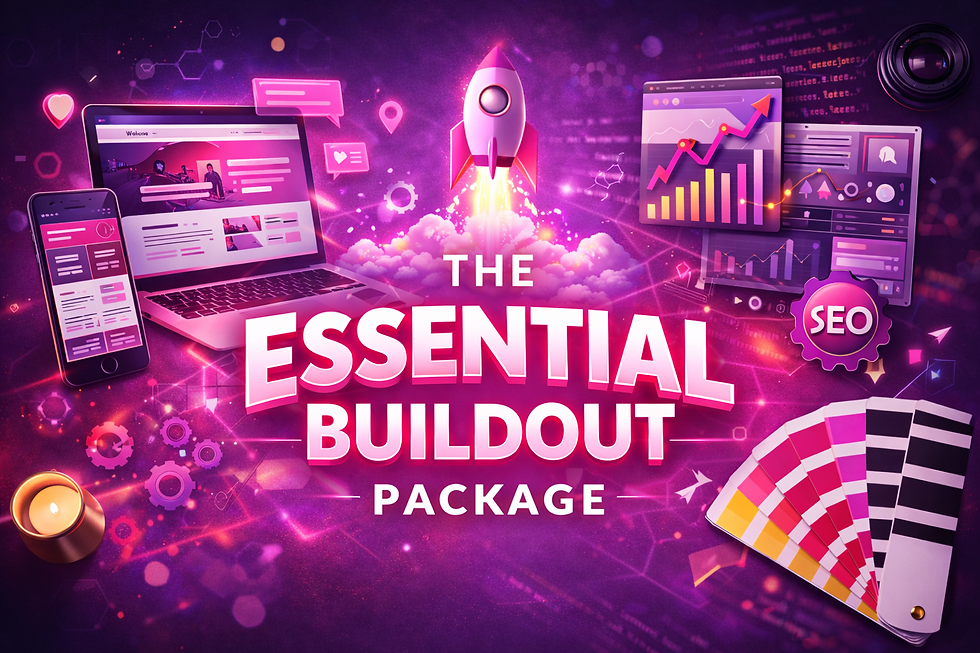 Promotional graphic for The Essential Buildout Package featuring a bold pink and purple design with a website dashboard, mobile device, analytics charts, and a rocket launch symbolizing growth, enhanced SEO, and advanced website capabilities.