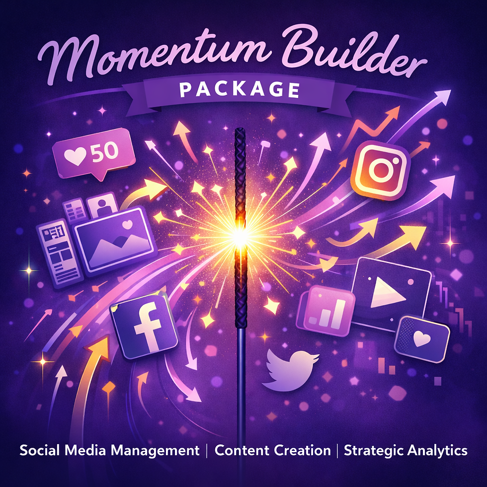 Creative Design Studios Momentum Builder Package promotional graphic featuring a glowing sparkler with dynamic motion trails, growth arrows, social media icons, content previews, and analytics visuals in deep purple tones, representing mid-tier social media management and growth strategy services.