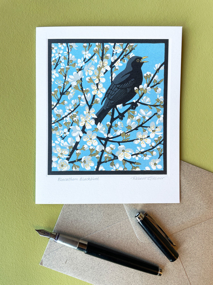 Miniaturbild: Kunstpostkarte - Amsel im Schlehdorn