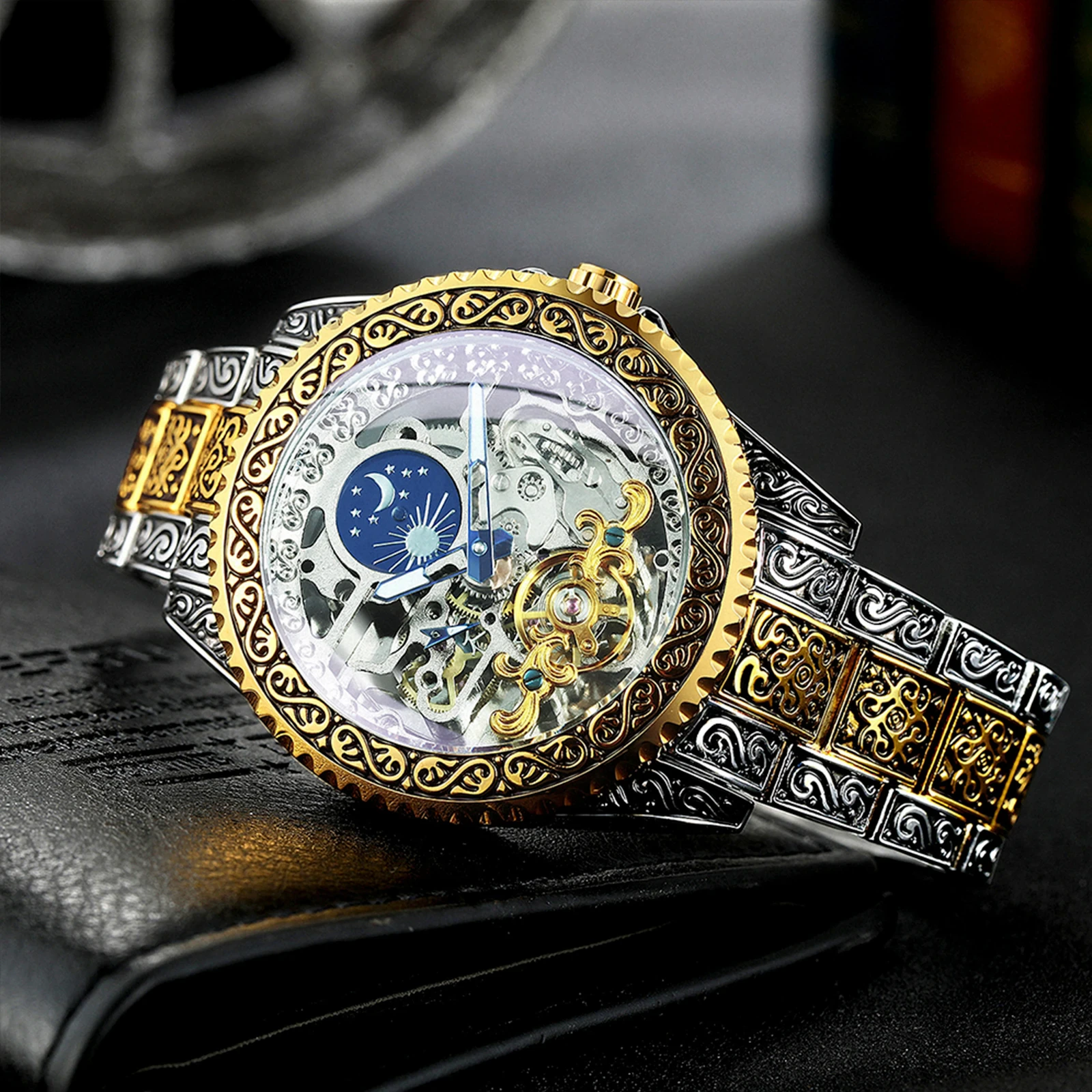 New Luxury Moon Phase Tourbillon Skeleton Engraved Mechanical Automatic Watch - Picture 15 of 16