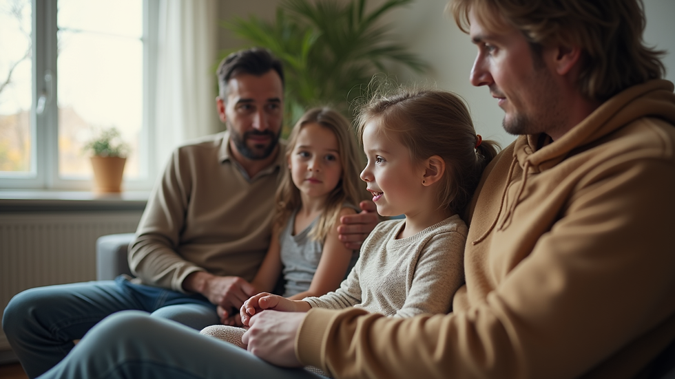 Close-up view of a family sitting together in a living room, engaged in a calm discussion
