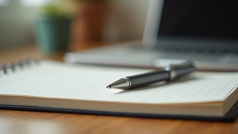 Close-up view of a journal and pen on a wooden desk, ready for note-taking