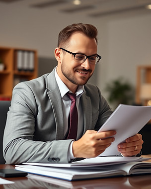 businessman looking at reports on his desk in an office setting with a satisfactory look o