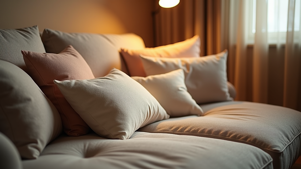 Eye-level view of a cozy corner with cushions and soft lighting