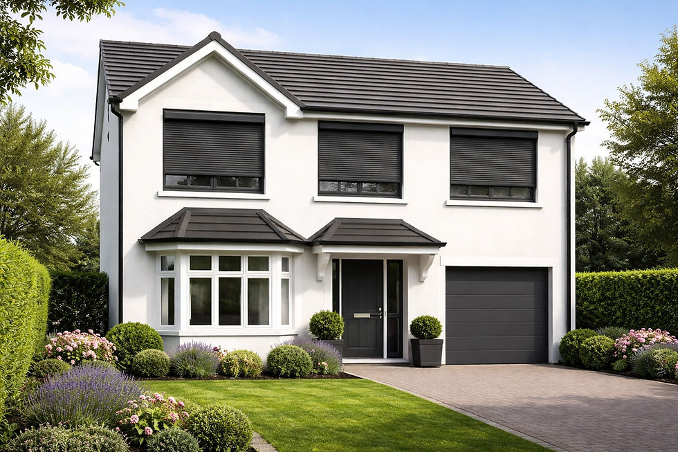 Modern white two-story house with black shutters, lush garden, and manicured lawn. Clear blue sky, peaceful suburban setting.