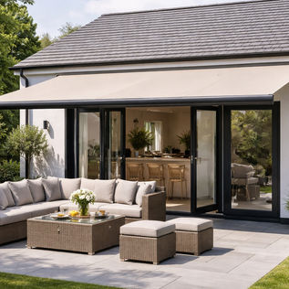 Outdoor patio with beige sofa, cushions, and a glass table with flowers. A modern house with large glass doors opens to a lush garden setting.