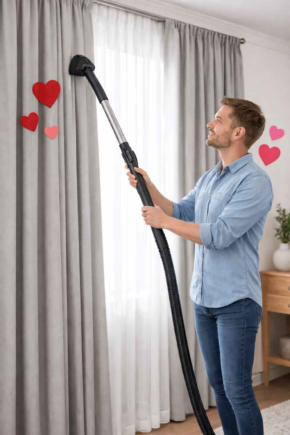 Man in blue shirt using vacuum on grey curtains with red paper hearts. Bright room, cheerful mood, wooden furniture, potted plant.