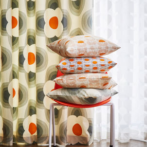 Made to Measure Curtains GIANT_STEM_WHITE-CURT-STRIPED_PETAL_ORANGE_CUSHION