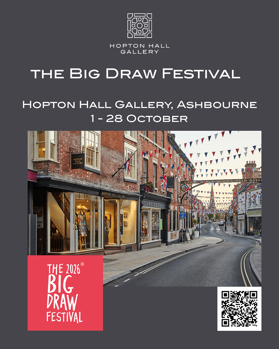 Poster for The Big Draw Festival at Hopton Hall Gallery, Ashbourne, 1–28 October, with street scene, bunting, and QR code.
