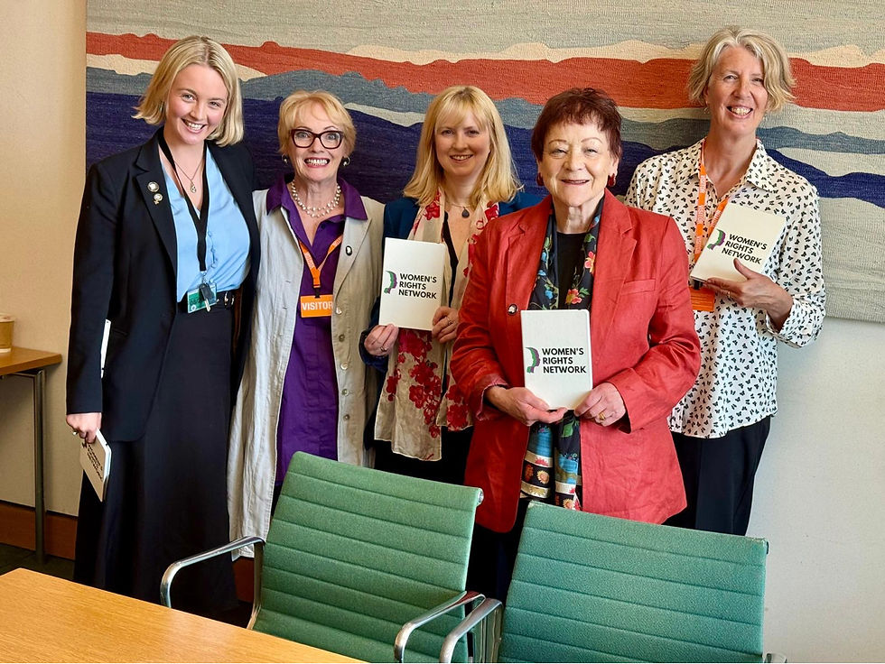 The new APPG Team smiling, holding Women's Rights Network books. Background has a colorful abstract pattern. Mood is cheerful and empowering.