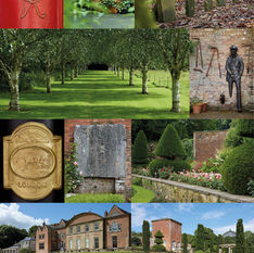 Collage of a formal estate garden at Hopton Hall with tree-lined lawns, brick buildings, sculpture, gravestones, and a gold plaque with faint text.