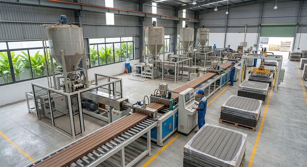 Inside a partner manufacturing facility in Vietnam: Modern, high-tech extrusion lines process SM VERA WPC profiles. This scale allows us to ensure consistent quality and meeting large volume export demands while maintaining strict BSCI compliance.