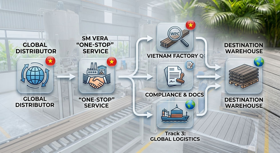 SM VERA’s comprehensive One-Stop Service flow for international distributors. We manage everything from direct factory QC and compliance certification in Vietnam to seamless global logistics, delivering premium WPC products direct to your warehouse.