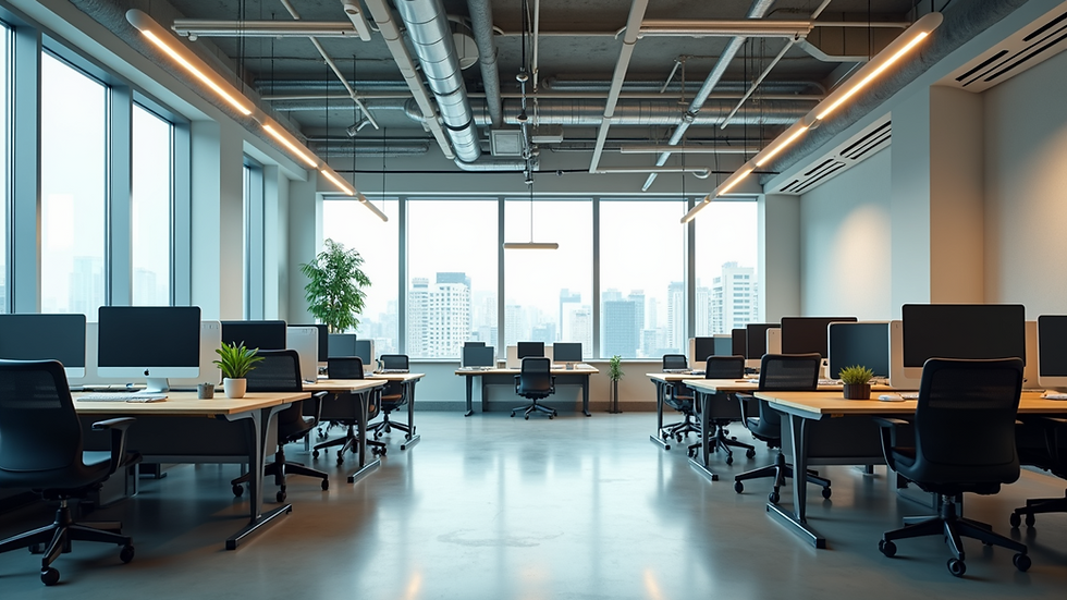 Wide angle view of a modern office workspace