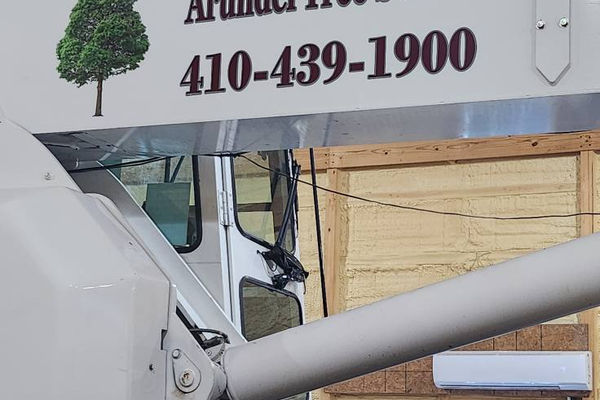 Crane boom showing Arundel Tree Service logo