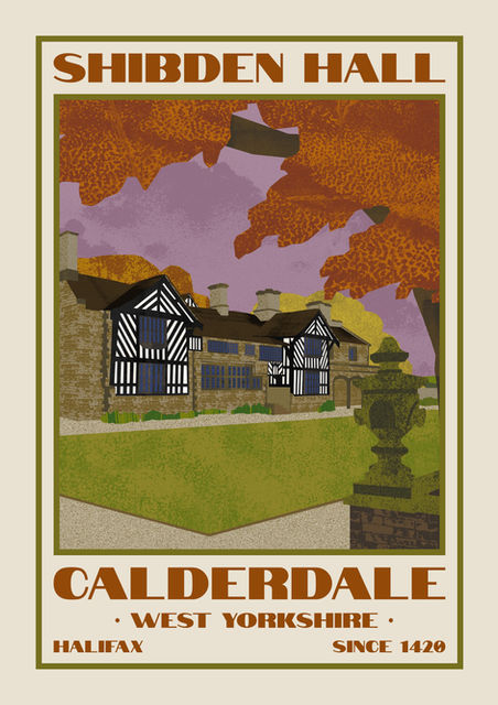 Shibden Hall, a Calderdale Travel Poster designed by printmaker Ellie Way