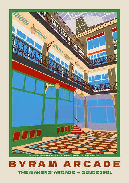 Byram Arcade, a Kirklees Travel Poster designed by printmaker Ellie Way.
