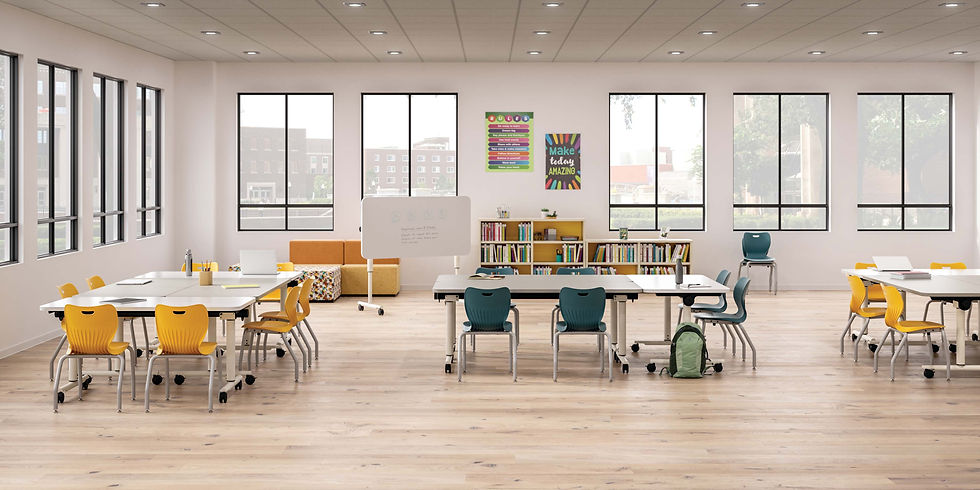 Modern classroom featuring flexible seating options, including a curved sofa, colorful stools, and collaborative workstations, fostering a dynamic and engaging learning environment.