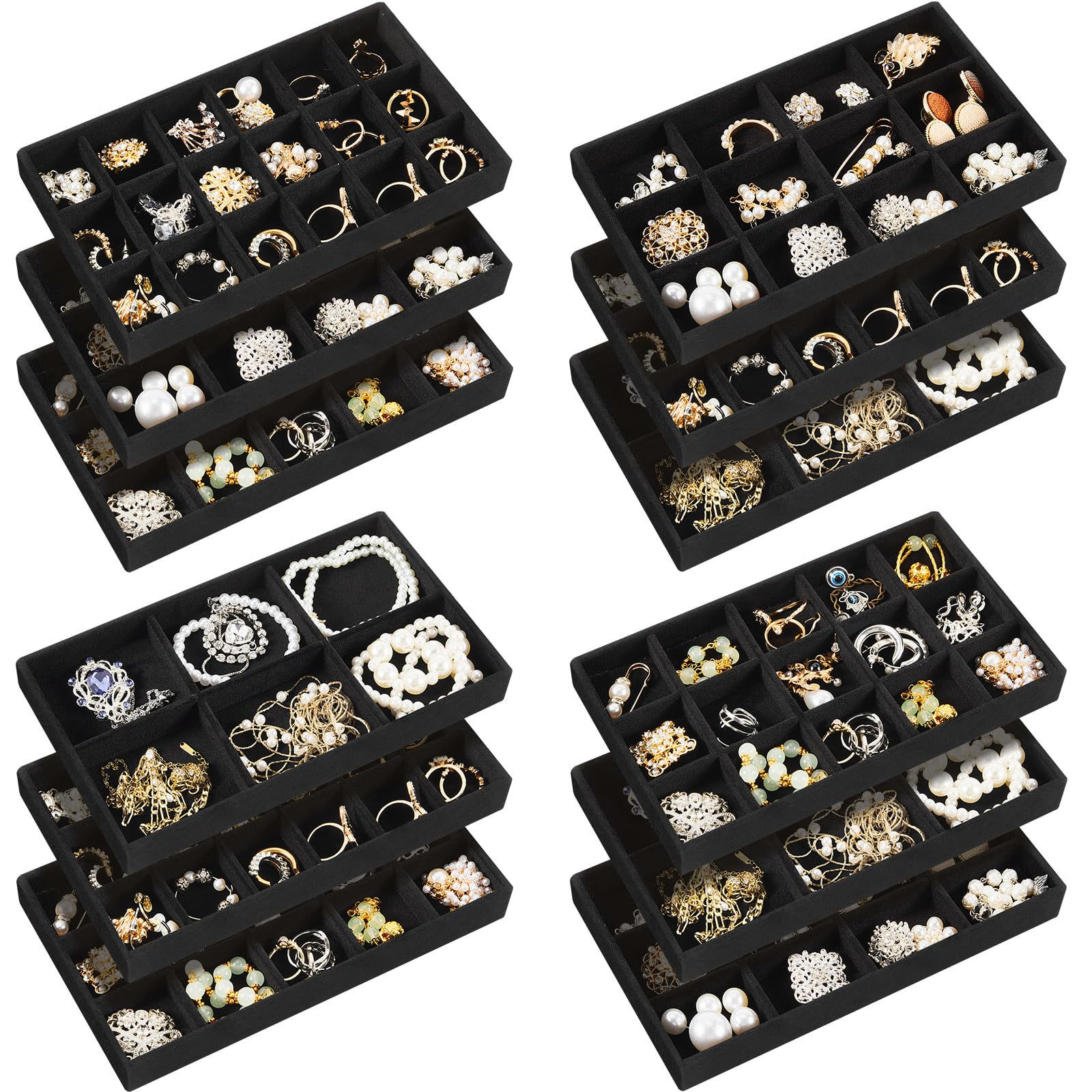 Junkin 12 Pcs Jewelry Tray Velvet Stackable Jewelry Organizer Trays Divided Earr