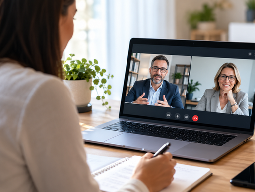 a woman taking notes on an online meeting with two people