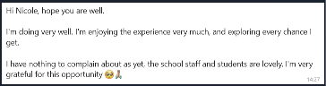 Screenshot of a typed note saying Hi Nicole, I’m doing very well, praising school staff and students warmly.