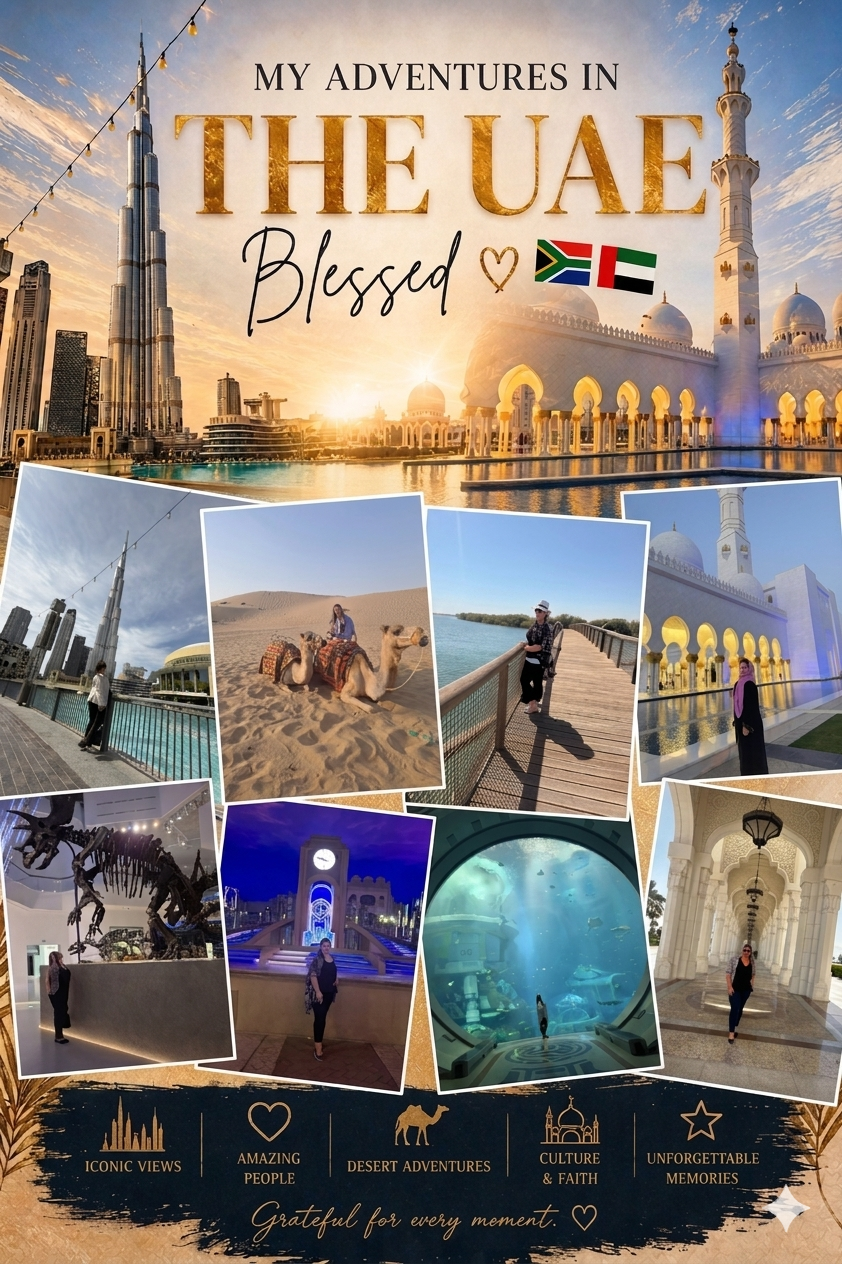 Collage of UAE adventures with Burj Khalifa, mosque, desert camel ride, boardwalk and museum photos, titled My Adventures in the UAE, Blessed