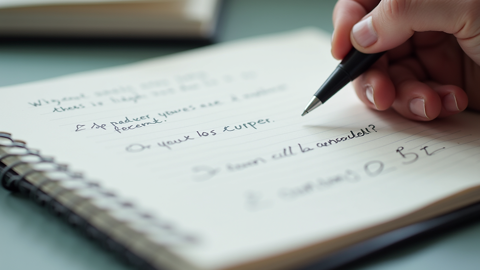 Close-up view of a notebook with handwritten questions and a pen