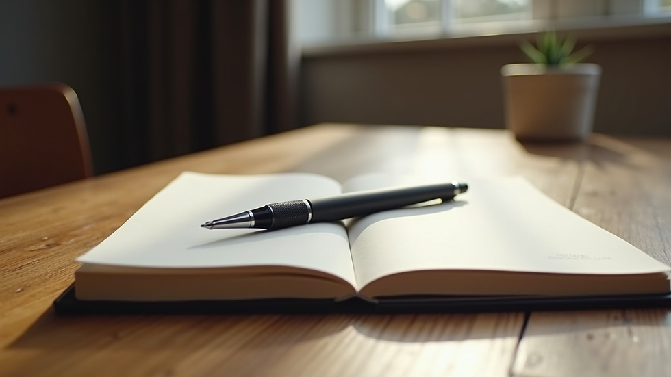 Eye-level view of a journal and pen on a wooden table