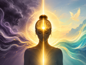 Serene woman with glowing brain, eyes closed. Dark clouds and light waves form background. A glowing bird signifies enlightenment.