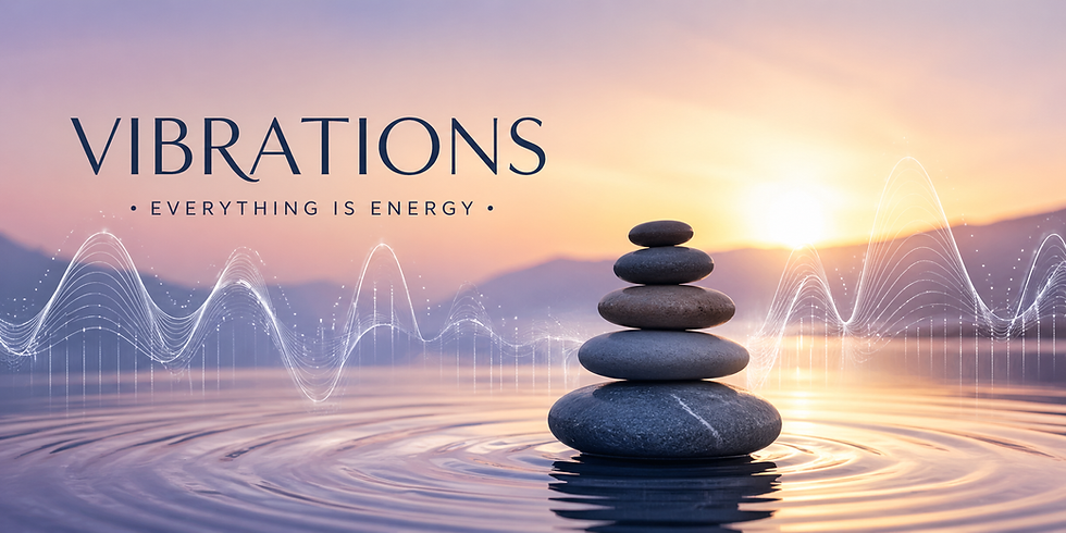Stacked stones on calm water at sunset with energy waves. Text "VIBRATIONS - EVERYTHING IS ENERGY" conveys tranquility.