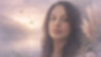 Woman with long hair in serene landscape, pastel colors. Butterflies hover nearby, soft sunset over lake with trees and pampas grass.