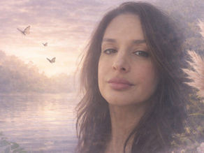 Woman with long hair in serene landscape, pastel colors. Butterflies hover nearby, soft sunset over lake with trees and pampas grass.