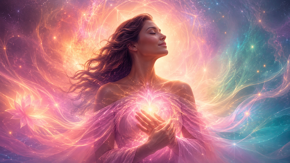 A woman stands serenely with eyes closed, hands on her heart, enveloped in vibrant swirls of light and color, evoking a mystical aura.