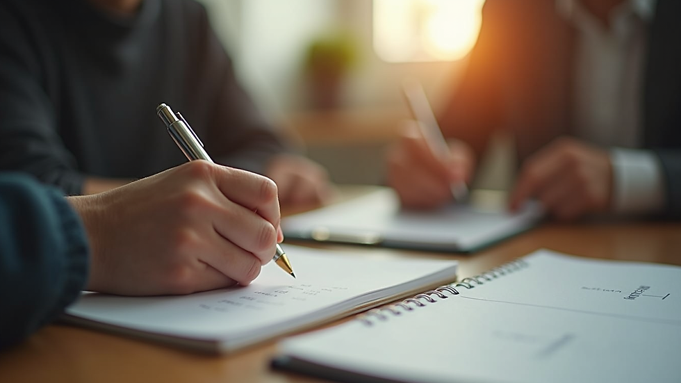 Close-up view of a person writing notes during a self-reflection session