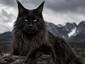 Black cat with piercing eyes rests on a rock against a moody, cloudy mountain backdrop. The scene is dramatic and intense.
