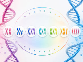 Colorful chromosomes between pink female and blue male symbols, with DNA strands in the background, symbolizing genetic diversity.