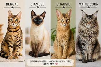 Four cats: Bengal, Siamese, Chausie, and Maine Coon. Each is photographed frontally. Text reads "Different breeds, unique personalities, one love." Neutral background.