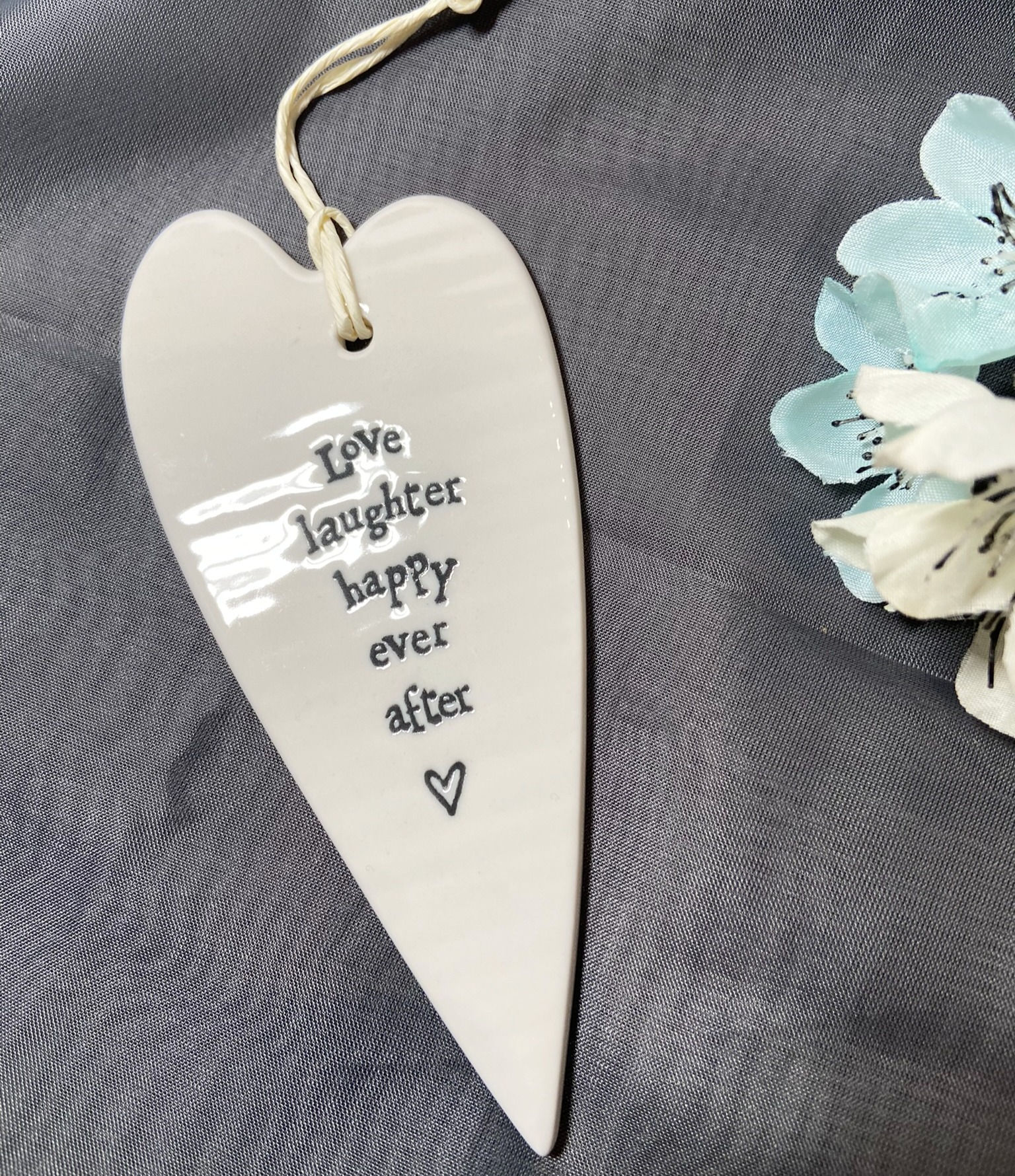 Porcelain Long Hanging Heart by East of India -'Love laughter happy ever after'